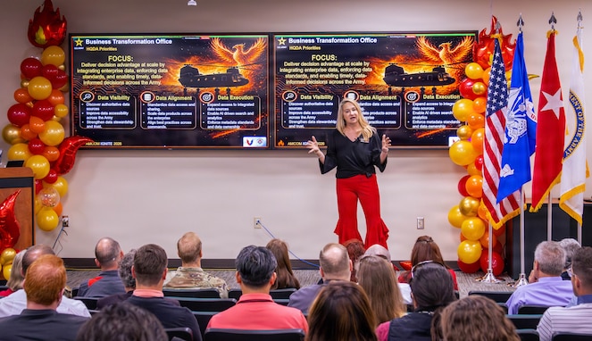 Lisa Hirschler, director of the U.S. Army Aviation and Missile Command’s Business Transformation Office and chief data and analytics officer, speaks to participants during the IGNITE training event May 5, 2026, at Redstone Arsenal, Alabama. The voluntary training brought together more than 300 in-person and virtual participants to learn about digital transformation, data analytics, artificial intelligence and enterprise tools designed to improve efficiency and support data-informed decision making cross the Army enterprise.