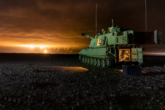 A U.S. Army M109A6 Paladin howitzer with the Ellenwood-based Charlie Battery, 1st Battalion, 214th Field Artillery, 648th Maneuver Enhancement Brigade, Georgia Army National Guard, observes fired artillery observation rounds during African Lion 2021, at the Tan Tan Training Area, Morocco, June 13, 2021. African Lion is U.S. Africa Command’s largest, premier, joint, annual exercise hosted by Morocco, Tunisia and Senegal, 7-18 June. More than 7,000 participants from nine nations and NATO train together with a focus on enhancing readiness for U.S. and partner nation forces. AL21 is a multi-domain, multi-component, and multi-national exercise, which employs a full array of mission capabilities with the goal to strengthen interoperability among participants. (U.S. Army National Guard photo by Sgt. 1st Class R.J. Lannom Jr.)