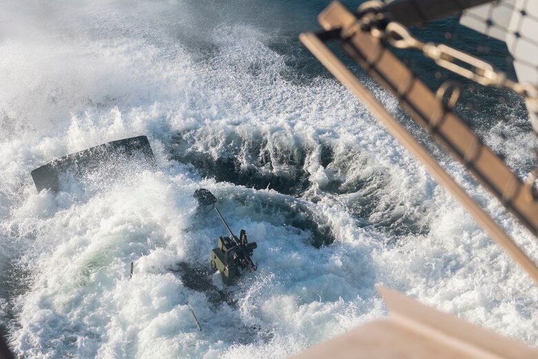 U.S. Marine Corps amphibious combat vehicles with 3rd Assault Amphibian Battalion, 1st Marine Division, I Marine Expeditionary Force, launch from amphibious transport dock ship USS Somerset (LPD 25) for open ocean launch drills during Quarterly Underway Amphibious Readiness Training 25.2 while underway in the Pacific Ocean, March 9, 2025. QUART is a joint training exercise designed to develop and sustain essential amphibious readiness skills for effective operations in maritime environments while reinforcing the Navy-Marine Corps partnership. (U.S. Marine Corps photo by Gunnery Sgt. Stephanie Cervantes)
