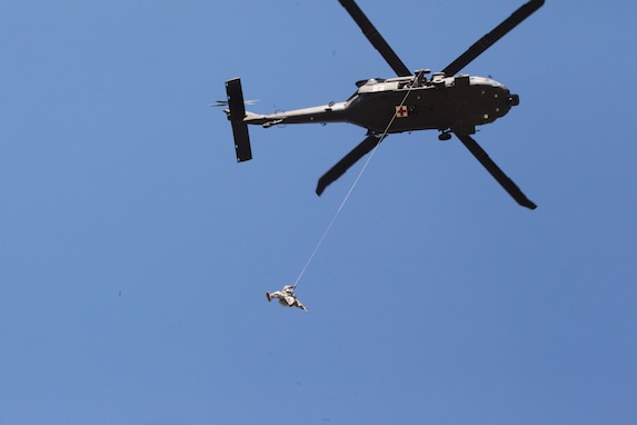 CLAY NATIONAL GUARD CENTER, Marietta, Ga. October 24, 2014 - Soldiers of the Georgia Guard's 1-111th General Support Aviation Battalion conduct joint hoist operations with Airmen from the Dobbins fire department.