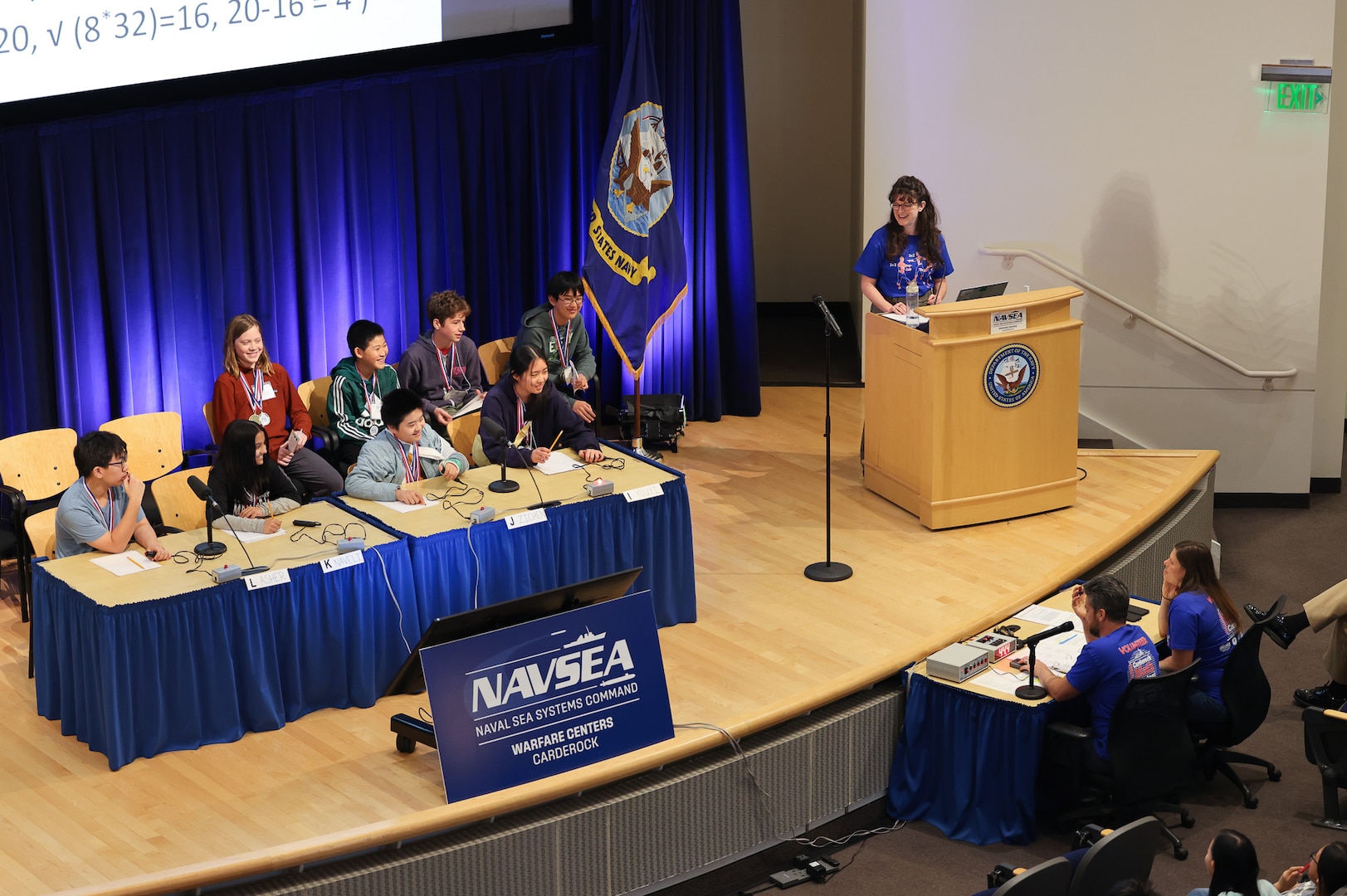 Students compete during the bracket-style “Countdown Round” during the 15th annual Carderock Math Contest (CMC) at Naval Surface Warfare Center, Carderock Division