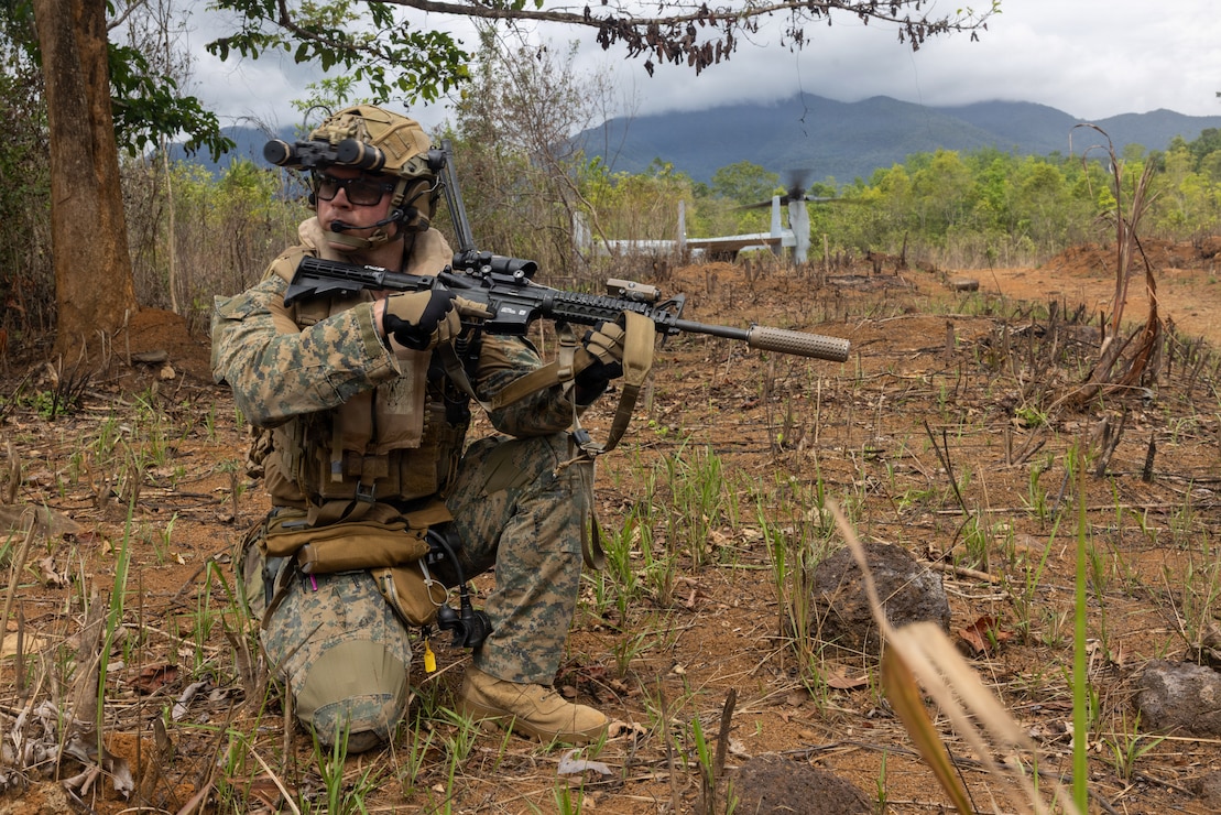 U.S. Marine Corps Gunnery Sgt. Patrick Killeen, an explosive ordnance disposal technician assigned to 1st Battalion 5th Marine Regiment, Marine Rotational Force - Darwin, posts security during a tactical recovery of aircraft and personnel exercise as part of Exercise Balikatan 2026 at Philippines Naval Detachment Oyster Bay, Palawan, Philippines, May 1, 2026. Balikatan is a longstanding annual exercise between the Armed Forces of the Philippines and U.S. military that represents the strength of our alliance, improves our capable combined force, and demonstrates our commitment to regional peace and prosperity. (U.S. Marine Corps photo by Cpl. Caleb Goodwin)
