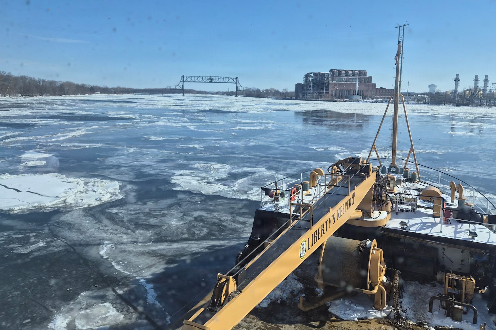 The crew of the Coast Guard Cutter William Tate (WLM-560) breaks ice on the Delaware River during winter conditions, January 28, 2026. The William Tate is one of the Coast Guard’s 175-foot keeper-class coastal buoy tenders and the crew regularly conducts a variety of Coast Guard missions. (U.S. Coast Guard photo courtesy of U.S. Coast Guard Sector Delaware Bay)