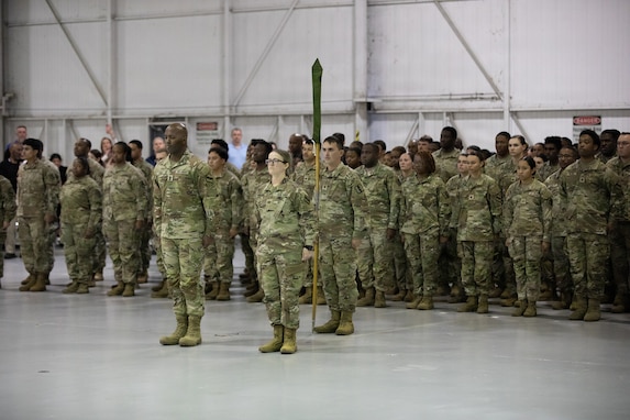 Soldiers of the Georgia Army National Guard's 138th Chemical Company stand in formation during a departure ceremony at the Clay National Guard Center in Marietta, Ga., March 20, 2026.  The Soldiers completed the ceremony ahead of a planned deployment to the U.S. Central Command area of responsibility to support Operation Spartan Shield.