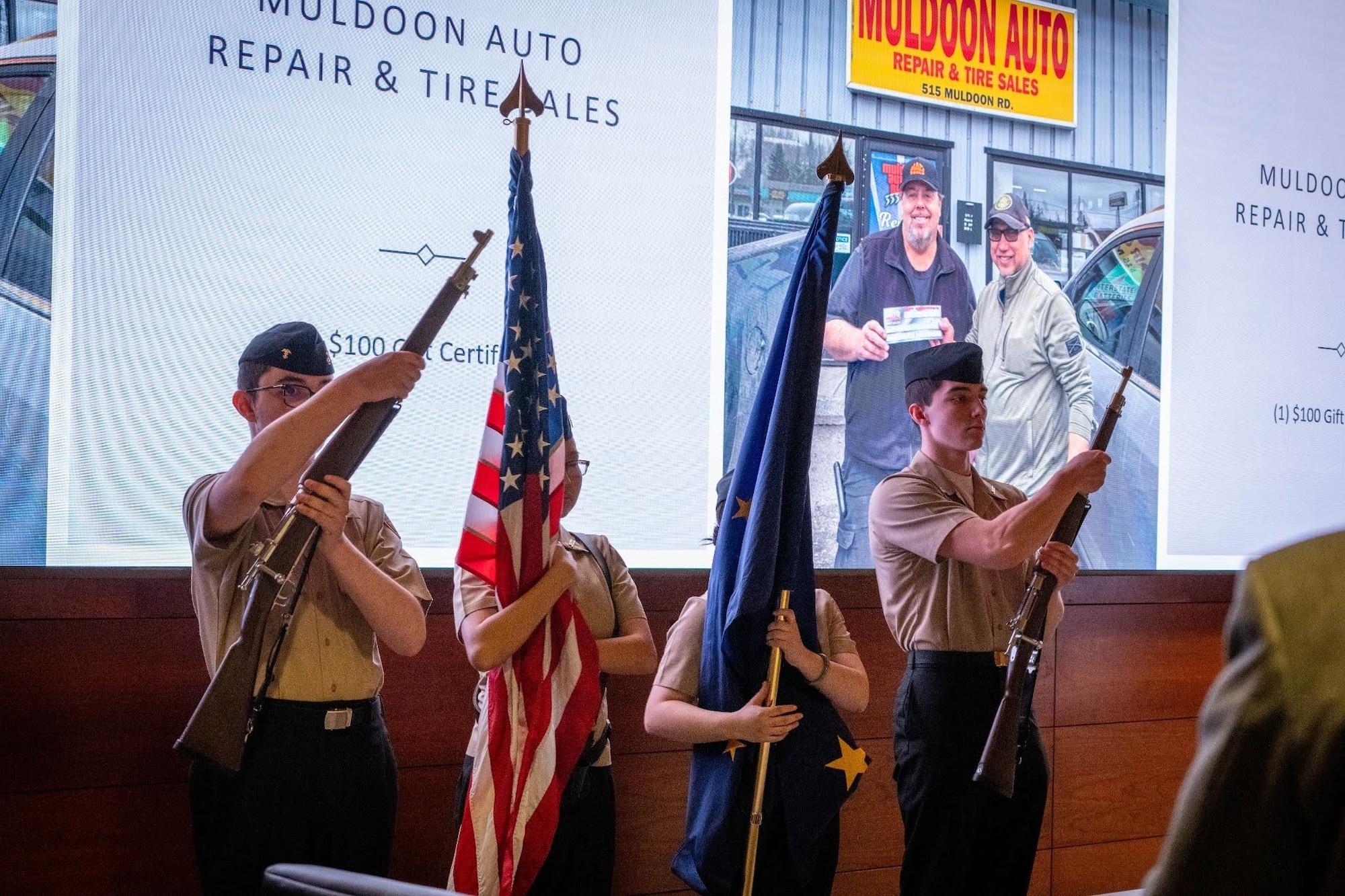 A color guard from Service High School’s Junior ROTC program presents the colors during the Retiree Appreciation Day event on Joint Base Elmendorf-Richardson, Alaska, May 1, 2026. The ceremony honored military retirees, connecting them with installation resources and celebrating their contributions to the military community. (U.S. Air Force photo by Airman 1st Class Owen Davies)