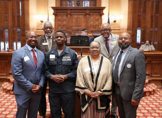Georgia State Representatives and YCA members pose for group photo March 25, 2026 at the Georgia House of Representatives for Mrs. Valerie Barnett to receive recognition for her dedication in serving the Fort Stewart Youth Challenge Academy.