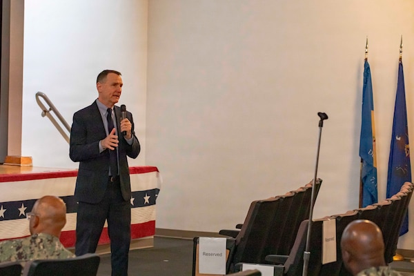 260505-N-KC192-1010 PORTSMOUTH, Va. (May 5, 2026) David Menzen, deputy director of the logistics division of the Office of the Chief of Naval Operations (OPNAV), gives opening remarks during the 2026 Medical Logistics Symposium held on board Naval Medical Center Portsmouth, May 5, 2026. The Navy Medicine Logistics Symposium aims to maintain a common operating picture and update the Medical Logistics community regarding the fiscal year 2026 Navy Medicine Campaign Order and the Navy MEDLOG goal to build a logistics system that delivers ready operational units to support the Naval Strategy. (U.S. Navy photo by Mass Communication Specialist Second Class Levi Decker)