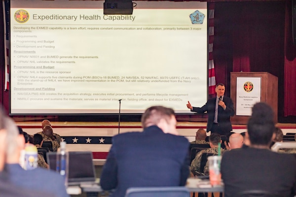260505-N-KC192-1020 PORTSMOUTH, Va. (May 5, 2026) David Menzen, deputy director of the logistics division of the Office of the Chief of Naval Operations (OPNAV), gives opening remarks during the 2026 Medical Logistics Symposium held on board Naval Medical Center Portsmouth, May 5, 2026. The Navy Medicine Logistics Symposium aims to maintain a common operating picture and update the Medical Logistics community regarding the fiscal year 2026 Navy Medicine Campaign Order and the Navy MEDLOG goal to build a logistics system that delivers ready operational units to support the Naval Strategy. (U.S. Navy photo by Mass Communication Specialist Second Class Levi Decker)