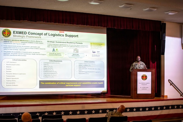 260505-N-KC192-1059 PORTSMOUTH, Va. (May 5, 2026) Cmdr. Corey Doolittle, assigned to the Navy Bureau of Medicine and Surgery, briefs on expeditionary medicine logistic support during the 2026 Medical Logistics Symposium held on board Naval Medical Center Portsmouth, May 5, 2026. The Navy Medicine Logistics Symposium aims to maintain a common operating picture and update the Medical Logistics community regarding the fiscal year 2026 Navy Medicine Campaign Order and the Navy MEDLOG goal to build a logistics system that delivers ready operational units to support the Naval Strategy. (U.S. Navy photo by Mass Communication Specialist Second Class Levi Decker)