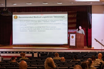 260506-N-KC192-1017 PORTSMOUTH, Va. (May 5, 2026) Capt. Kevin Bailey, commanding officer, Navy Expeditionary Medicine Warfighter Development Center (NEMWDC), briefs on NEMWDC's role in expeditionary medicine during the 2026 Medical Logistics Symposium held on board Naval Medical Center Portsmouth, May 5, 2026. The Navy Medicine Logistics Symposium aims to maintain a common operating picture and update the Medical Logistics community regarding the fiscal year 2026 Navy Medicine Campaign Order and the Navy MEDLOG goal to build a logistics system that delivers ready operational units to support the Naval Strategy. (U.S. Navy photo by Mass Communication Specialist Second Class Levi Decker)