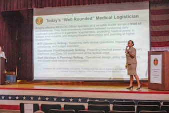 260506-N-KC192-1023 PORTSMOUTH, Va. (May 6, 2026) Lt. Cmdr. Brandi Gibson, a medical logistician and specialty leader assigned to Naval Medical Forces Atlantic, briefs on the medical logistician specialty during the 2026 Medical Logistics Symposium held on board Naval Medical Center Portsmouth, May 6, 2026. The Navy Medicine Logistics Symposium aims to maintain a common operating picture and update the Medical Logistics community regarding the fiscal year 2026 Navy Medicine Campaign Order and the Navy MEDLOG goal to build a logistics system that delivers ready operational units to support the Naval Strategy. (U.S. Navy photo by Mass Communication Specialist Second Class Levi Decker)