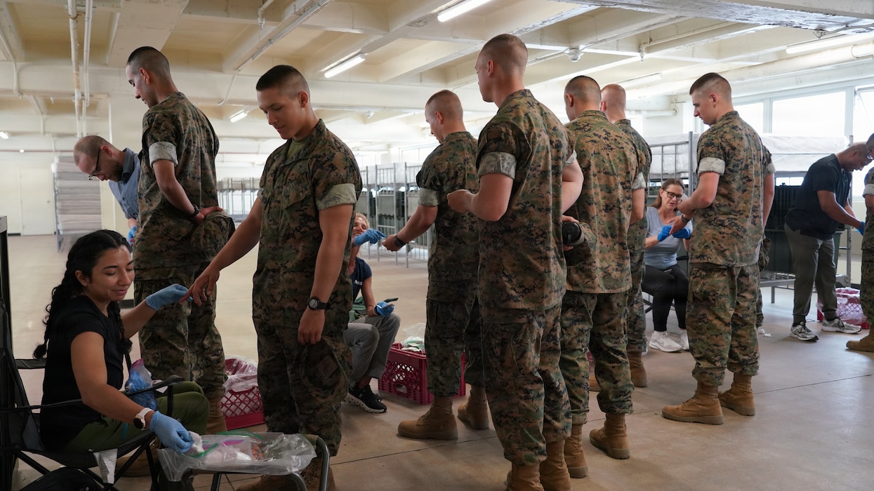 SAN DIEGO (March 31, 2026) A team of researchers from Naval Health Research Center (NHRC) perform finger-prick tests on recruits from Delta Company (7-26) at Marine Corps Recruit Depot, San Diego as part of a study examining health risks of vitamin D deficiency, and possible solutions. NHRC, part of Navy Medicine Research & Development, supports Navy, Marine Corps and joint U.S. warfighter health readiness and lethality with research and development that delivers high-value, high-impact solutions to the health and readiness challenges U.S. military population faces on the battlefield, at-sea, home and abroad. (U.S. Navy photo by Danielle Cazarez/released)