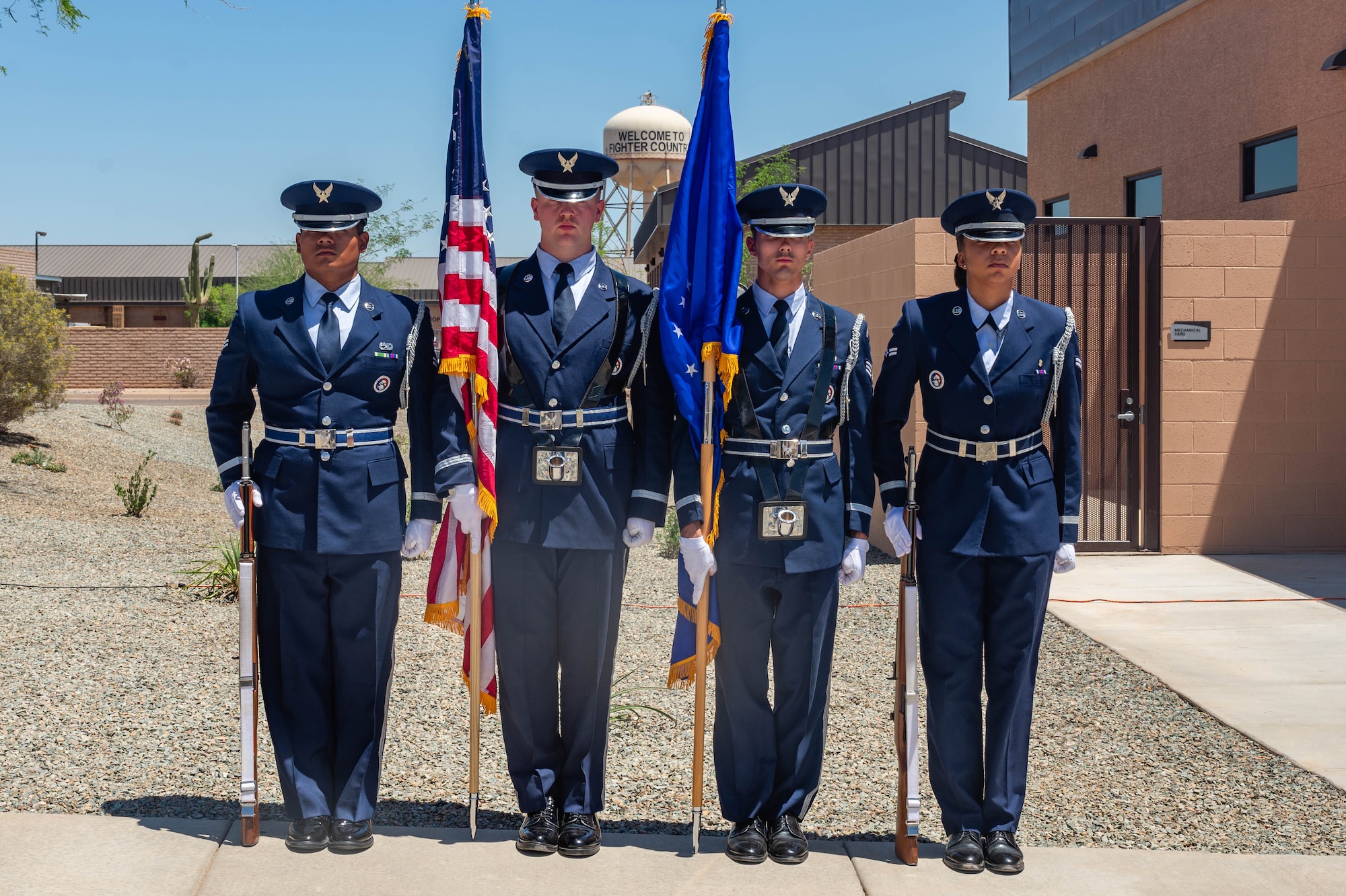 U.S. Air Force ceremonial guardsmen stand in formation during a ribbon cutting ceremony held for the new Honor Guard facility at Luke Air Force Base, Arizona, May 7, 2026.