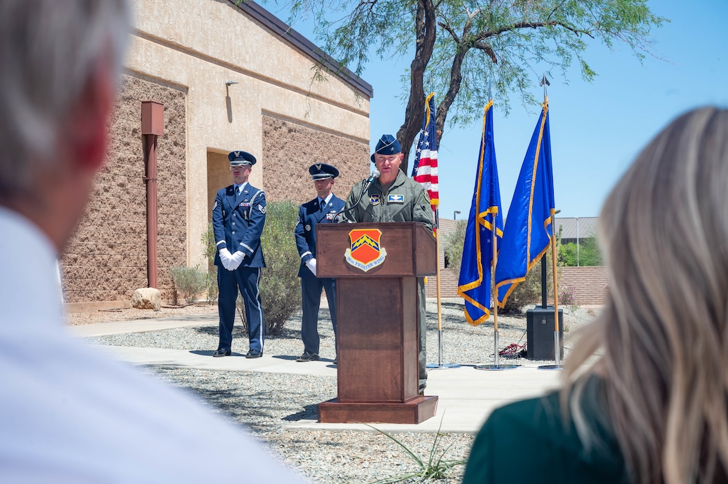 U.S. Air Force Brig. Gen. David Berkland, 56th Fighter Wing commander, speaks during a ribbon cutting ceremony held for the new Honor Guard facility at Luke Air Force Base, Arizona, May 7, 2026.