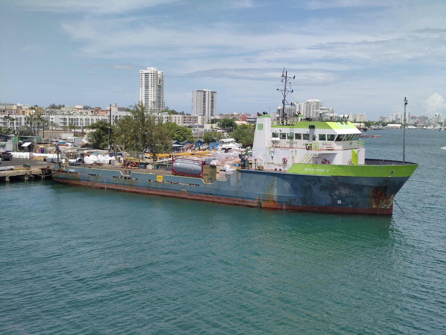Vessel Water Spirit 2 in Mediterranean mooring configuration in San Juan Harbor, Puerto Rico May 1, 2026. Coast Guard Sector San Juan issued two Captain of the Port Orders to Togo-flagged multipurpose offshore vessels Water Spirit 2 and Admiral Pride for obstructing the navigable San Antonio Channel of San Juan Harbor, Puerto Rico, May 1, 2026.  The Captain of the Port San Juan advises all waterway users in San Juan Harbor, Puerto Rico, that anchoring or tying up vessels in navigable channels in such a manner as to prevent or obstruct the passage of other vessels is prohibited under federal law 33 USC 409.  (Courtesy photo and U.S. Coast Guard graphic)