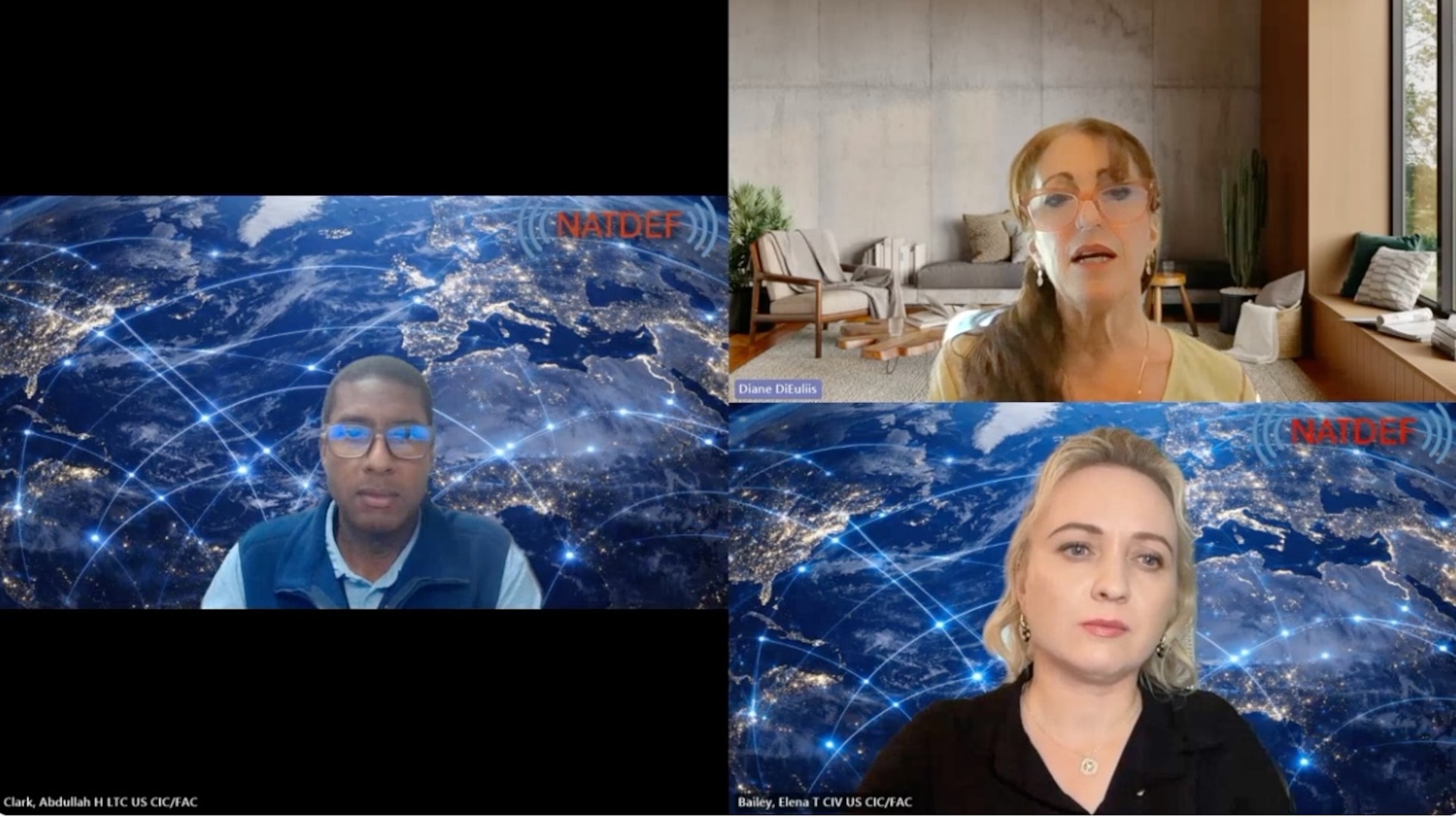 LTC Abdullah Clark and Dr. Elena Bailey interviewing INSS expert consultant Dr. Diane DiEuliis on the NATDEF podcast