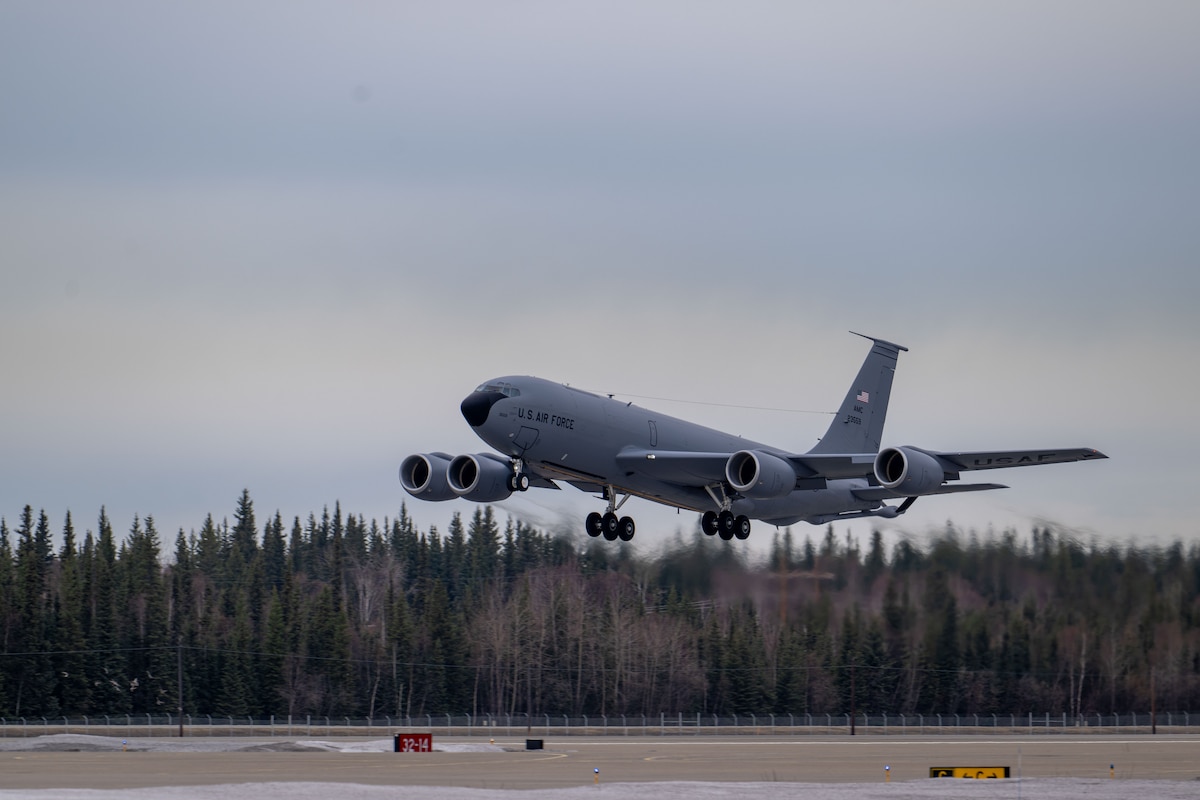 A KC-135 assigned to the 168th Wing, Alaska Air National Guard, takes off.