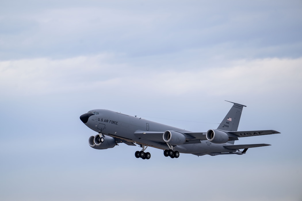 A KC-135 assigned to the 168th Wing, Alaska Air National Guard, takes off.