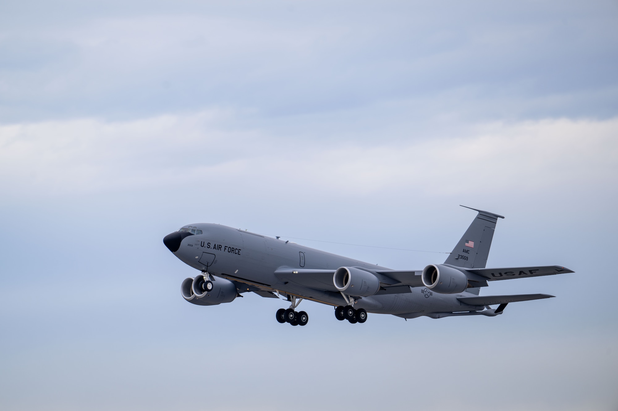 A KC-135 assigned to the 168th Wing, Alaska Air National Guard, takes off.