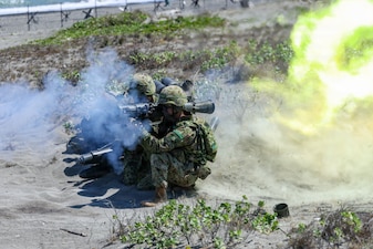 Japan Ground Self-Defense Force soldiers with the Amphibious Rapid Deployment Regiment engage targets with an anti-tank weapon system during a counter-landing live-fire exercise during Balikatan 2026 at La Paz Sand Dunes, Laoag City, Philippines, May 4, 2026.