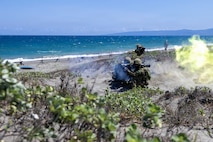 Japan Ground Self-Defense Force soldiers with the Amphibious Rapid Deployment Regiment fire an anti-tank weapon system during a counter-landing live-fire exercise during Balikatan 2026 at La Paz Sand Dunes, Laoag City, Philippines, May 4, 2026.