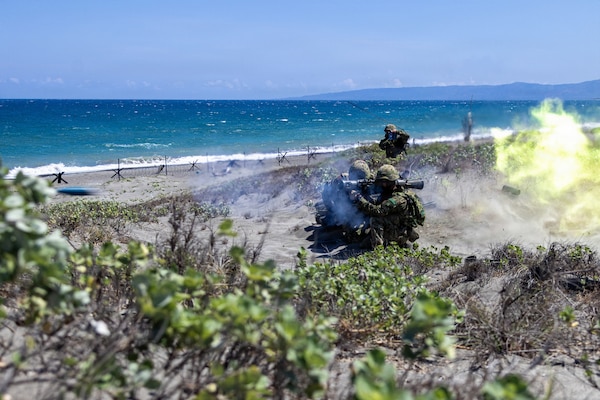 Japan Ground Self-Defense Force soldiers with the Amphibious Rapid Deployment Regiment fire an anti-tank weapon system during a counter-landing live-fire exercise during Balikatan 2026 at La Paz Sand Dunes, Laoag City, Philippines, May 4, 2026.