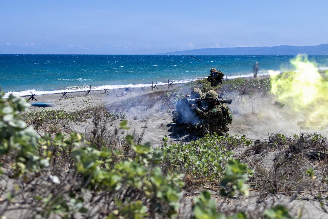 Japan Ground Self-Defense Force soldiers with the Amphibious Rapid Deployment Regiment fire an anti-tank weapon system during a counter-landing live-fire exercise during Balikatan 2026 at La Paz Sand Dunes, Laoag City, Philippines, May 4, 2026.