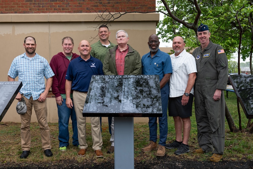 2025 retirees from the Kentucky Air National Guard pose with Brig. Gen. Bruce Bancroft, Kentucky’s adjutant general for Air, during a ceremony at the Kentucky Air National Guard base in Louisville, Ky., April 18, 2026. The names of 53 new retirees were unveiled on a granite plaque during the event, which was held in front of the 123rd Airlift Wing’s Lt. Gen. John B. Conaway Headquarters Building. (U.S. Air National Guard photo by Airman 1st Class Angelee Barnett)