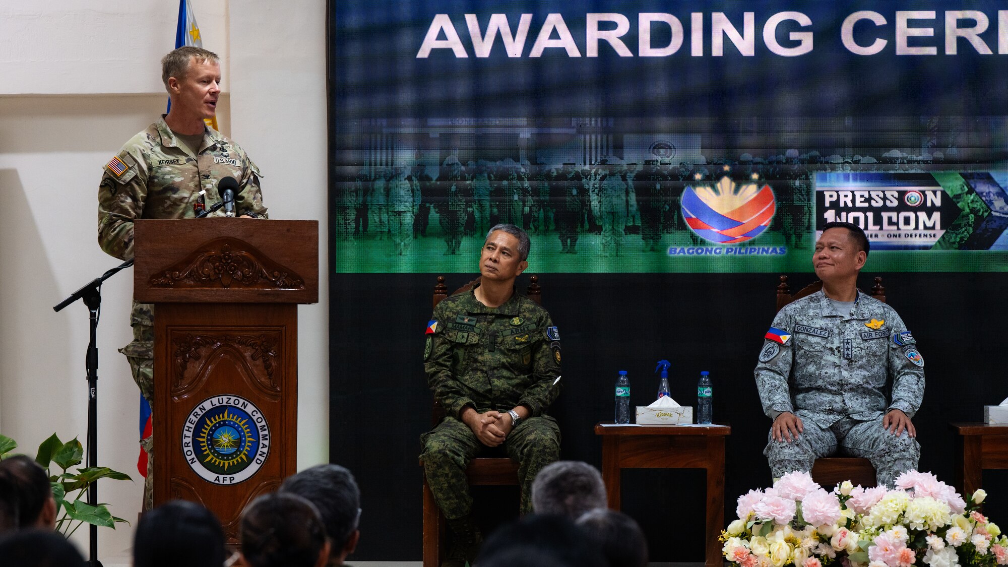 U.S. Army Col. Jim Kiersey, deputy commander of operations for the 25th Infantry Division, delivers remarks during an awards ceremony for Exercise Balikatan 2026 at Camp General Servillano A. Aquino, Philippines, May 5, 2026. Balikatan is a longstanding annual exercise between the Armed Forces of the Philippines and U.S. military that represents the strength of our alliance, improves our capable combined force, and demonstrates our commitment to regional peace and prosperity. (U.S. Air Force photo by Senior Airman Jade M. Caldwell)