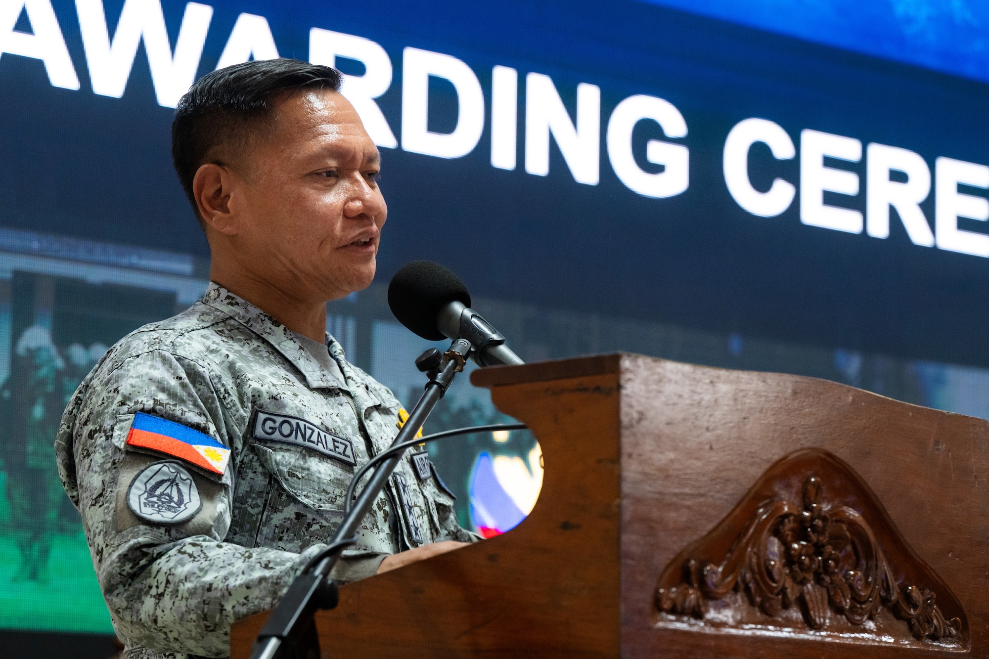 Philippine Air Force Lt. Gen. Aristotle Gonzalez, commander of Northern Luzon Command, delivers closing remarks during an awards ceremony for Exercise Balikatan 2026 at Camp General Servillano A. Aquino, Philippines, May 5, 2026. Balikatan is a longstanding annual exercise between the Armed Forces of the Philippines and U.S. military that represents the strength of our alliance, improves our capable combined force, and demonstrates our commitment to regional peace and prosperity. (U.S. Air Force photo by Senior Airman Jade M. Caldwell)