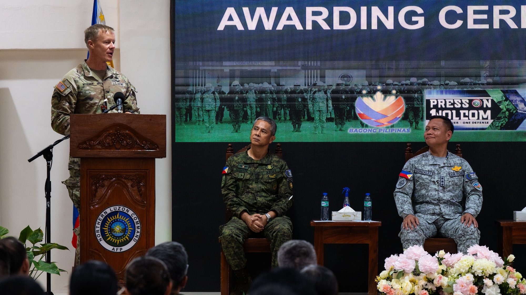 U.S. Army Col. Jim Kiersey, deputy commander of operations for the 25th Infantry Division, delivers remarks during an awards ceremony for Exercise Balikatan 2026 at Camp General Servillano A. Aquino, Philippines, May 5, 2026. Balikatan is a longstanding annual exercise between the Armed Forces of the Philippines and U.S. military that represents the strength of our alliance, improves our capable combined force, and demonstrates our commitment to regional peace and prosperity. (U.S. Air Force photo by Senior Airman Jade M. Caldwell)