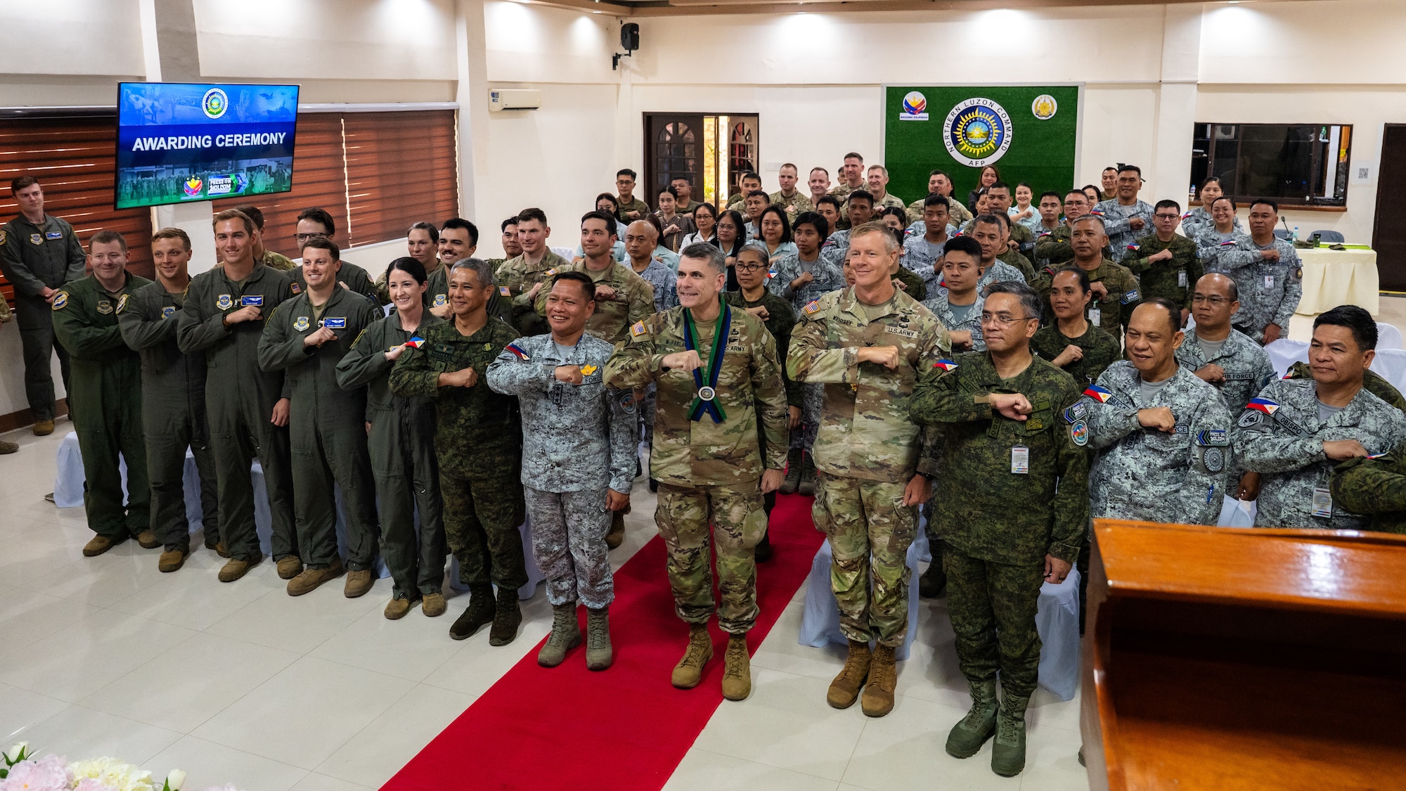 U.S. Airmen and Soldiers stand shoulder-to-shoulder with Armed Forces of the Philippines service members during an awards ceremony for Exercise Balikatan 2026 at Camp General Servillano A. Aquino, Philippines, May 5, 2026. Balikatan is a longstanding annual exercise between the Armed Forces of the Philippines and U.S. military that represents the strength of our alliance, improves our capable combined force, and demonstrates our commitment to regional peace and prosperity. (U.S. Air Force photo by Senior Airman Jade M. Caldwell)
