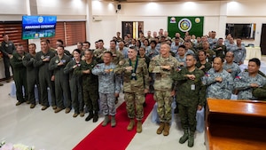 U.S. Airmen and Soldiers stand shoulder-to-shoulder with Armed Forces of the Philippines service members during an awards ceremony for Exercise Balikatan 2026 at Camp General Servillano A. Aquino, Philippines, May 5, 2026. Balikatan is a longstanding annual exercise between the Armed Forces of the Philippines and U.S. military that represents the strength of our alliance, improves our capable combined force, and demonstrates our commitment to regional peace and prosperity. (U.S. Air Force photo by Senior Airman Jade M. Caldwell)