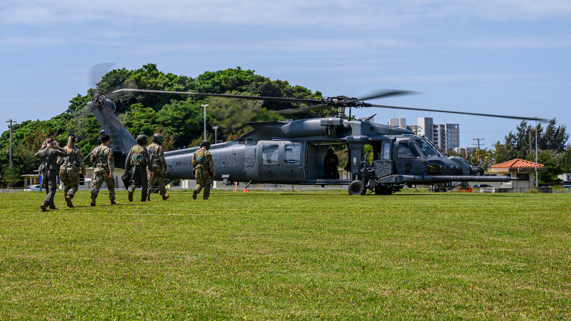 A U.S. Air Force HH-60W Jolly Green II assigned to the 33rd Rescue Squadron lands at Kadena Air Base, Japan, April 29, 2026. The squadron demonstrated its readiness to execute personnel recovery operations in complex and contested environments. (U.S. Air Force photo by Airman 1st Class Francisco Huerta)
