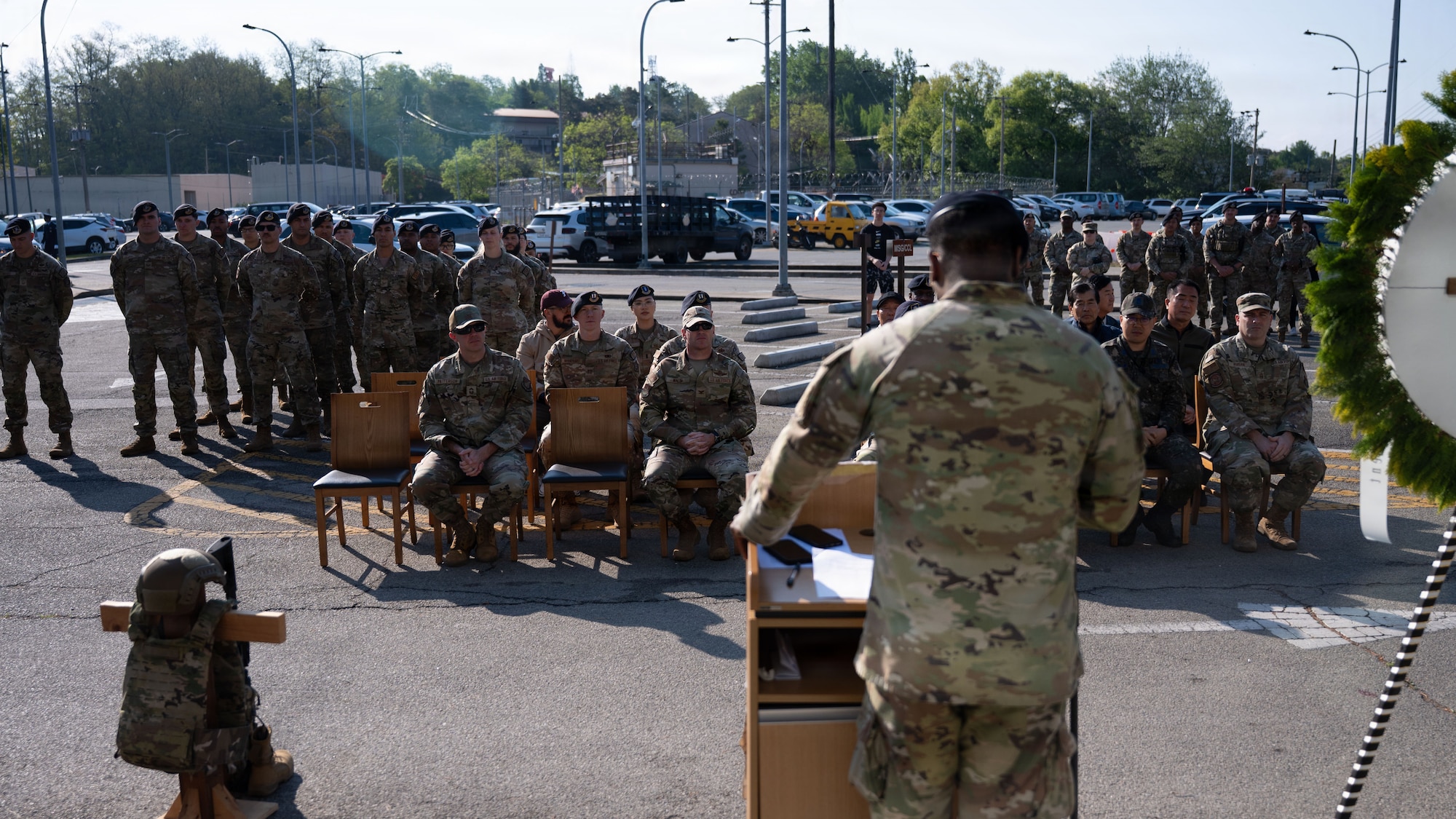 51st Fighter Wing service members and employees attend a Police Week opening ceremony at Osan Air Base, Republic of Korea, May 4, 2026. The ceremony marked the beginning of Police Week, honoring fallen law enforcement officers and recognizing the service of security forces Airmen. (U.S. Air Force photo by Senior Airman Rome Bowermaster)