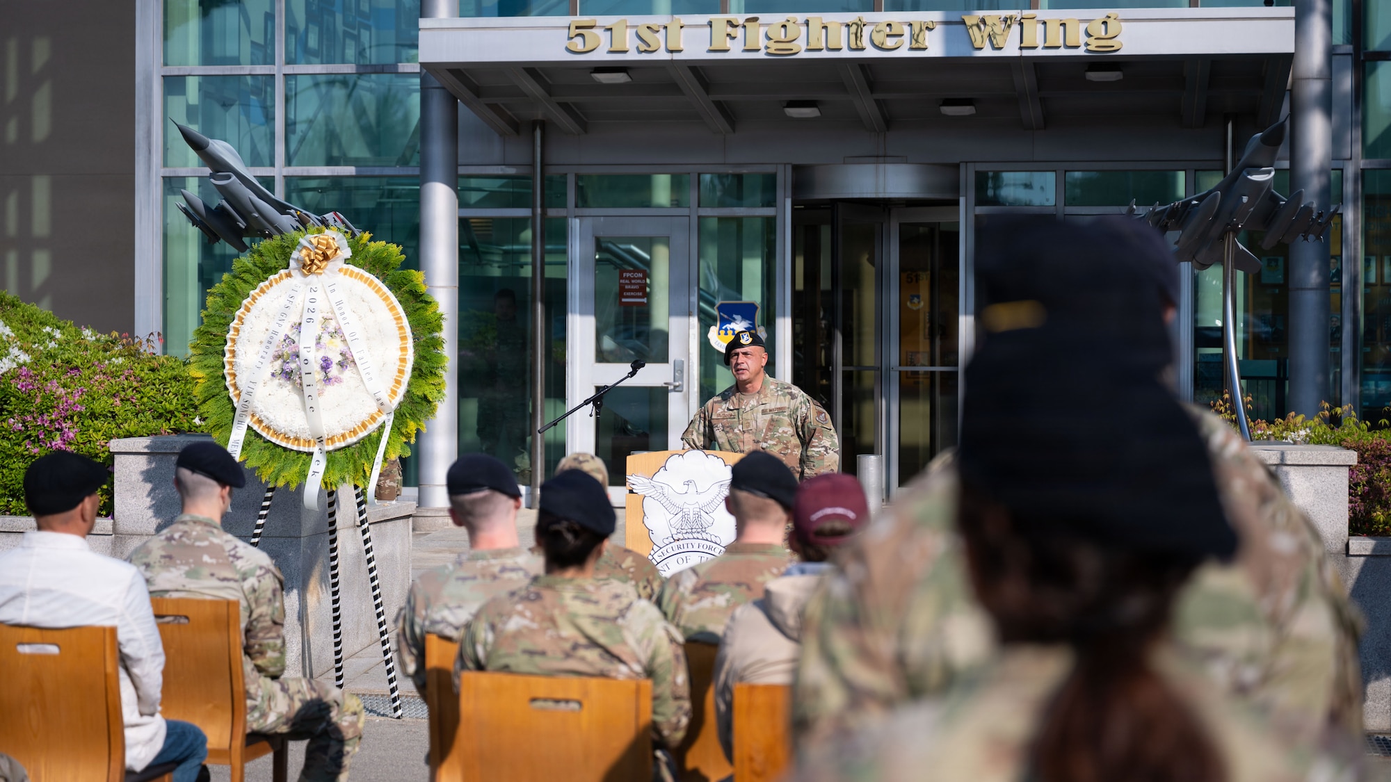 U.S. Air Force Chief Master Sgt. James Tavenner, 51st Security Forces Squadron senior enlisted leader, gives opening remarks at the Police Week opening ceremony at Osan Air Base, Republic of Korea, May 4, 2026. The event brought together Airmen and community members to reflect on the sacrifice and dedication of law enforcement personnel. (U.S. Air Force photo by Senior Airman Rome Bowermaster)