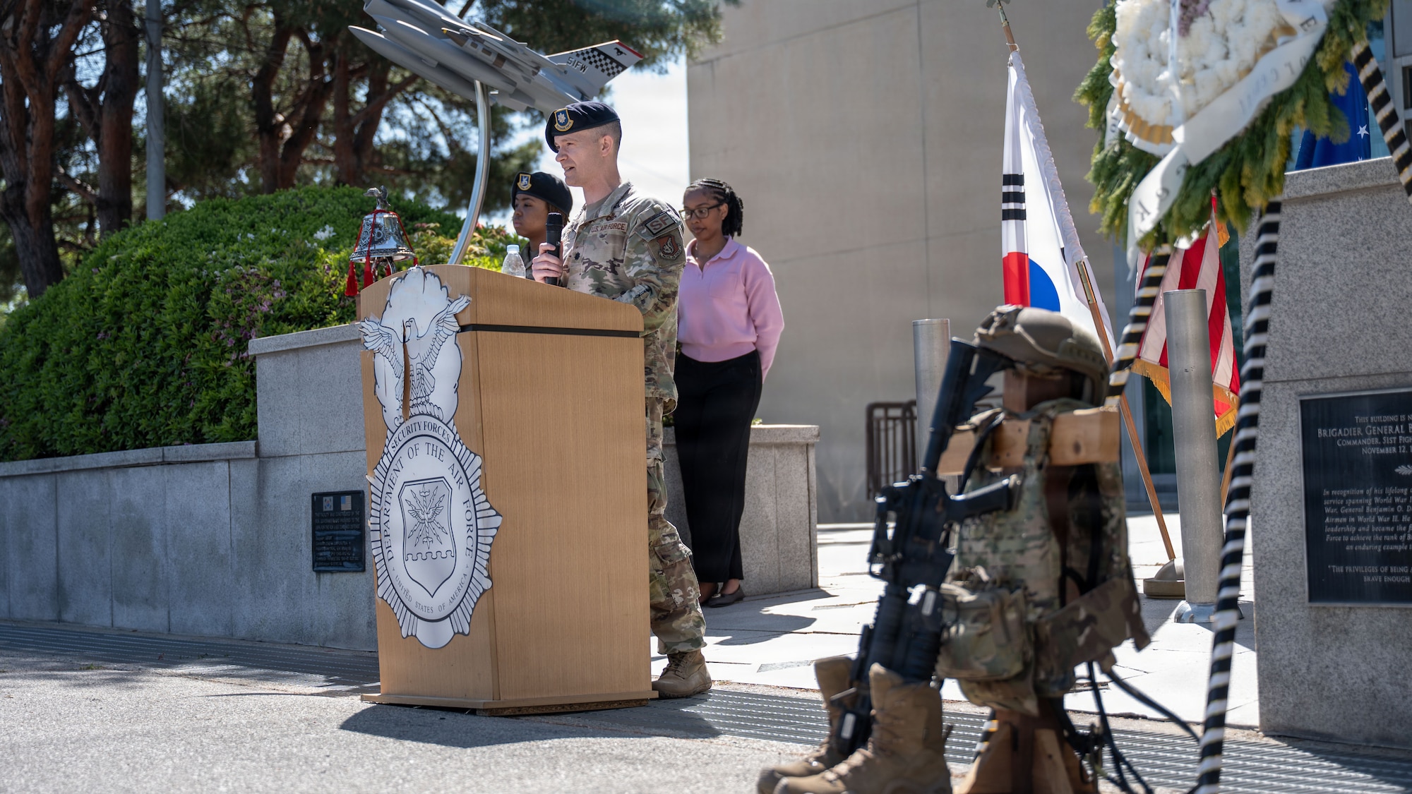 U.S. Air Force Lt. Col. Daniel Evans, 51st Security Force Squadron commander, rings the memorial bell during a closing ceremony at Osan Air Base, Republic of Korea, May 8, 2026. The ceremony concluded Police Week, reinforcing the importance of honoring those who have made the ultimate sacrifice in the line of duty. (U.S. Air Force photo by Senior Airman Rome Bowermaster)