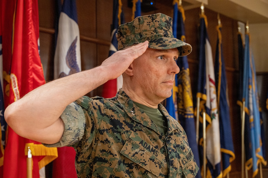 U.S. Marine Corps Maj. Gen. Raymond Adams, incoming commanding general of 4th Marine Division, salutes during a change of command ceremony at Marine Corps Support Facility New Orleans, May 8, 2026. The change of command ceremony marked the official passing of authority from Maj. Gen. John Jarrard to Adams. (U.S. Marine Corps photo by Sgt. Emely Gonzalez)