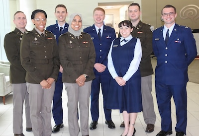 Interns and residents who presented their case studies during Walter Reed’s Department of Research’s 18th Annual Research and Innovation Month case report poster/presentation program included (front row from left) U.S. Army Capt. (Dr.) Obarikanemi Nwogu, U.S. Army Capt. (Dr.) Simal Ali, U.S. Air Force Capt. (Dr.) Leanne Perez, (back row from left) U.S. Army Capt. (Dr.) Michael Pierce, U.S. Air Force Capt. (Dr.) Keenan Caswell, U.S. Air Force Capt. (Dr.) Daniel Rabe, U.S. Army Capt. (Dr.) Jackson Rudolph, and U.S. Air Force Capt. (Dr.) Mason Life.