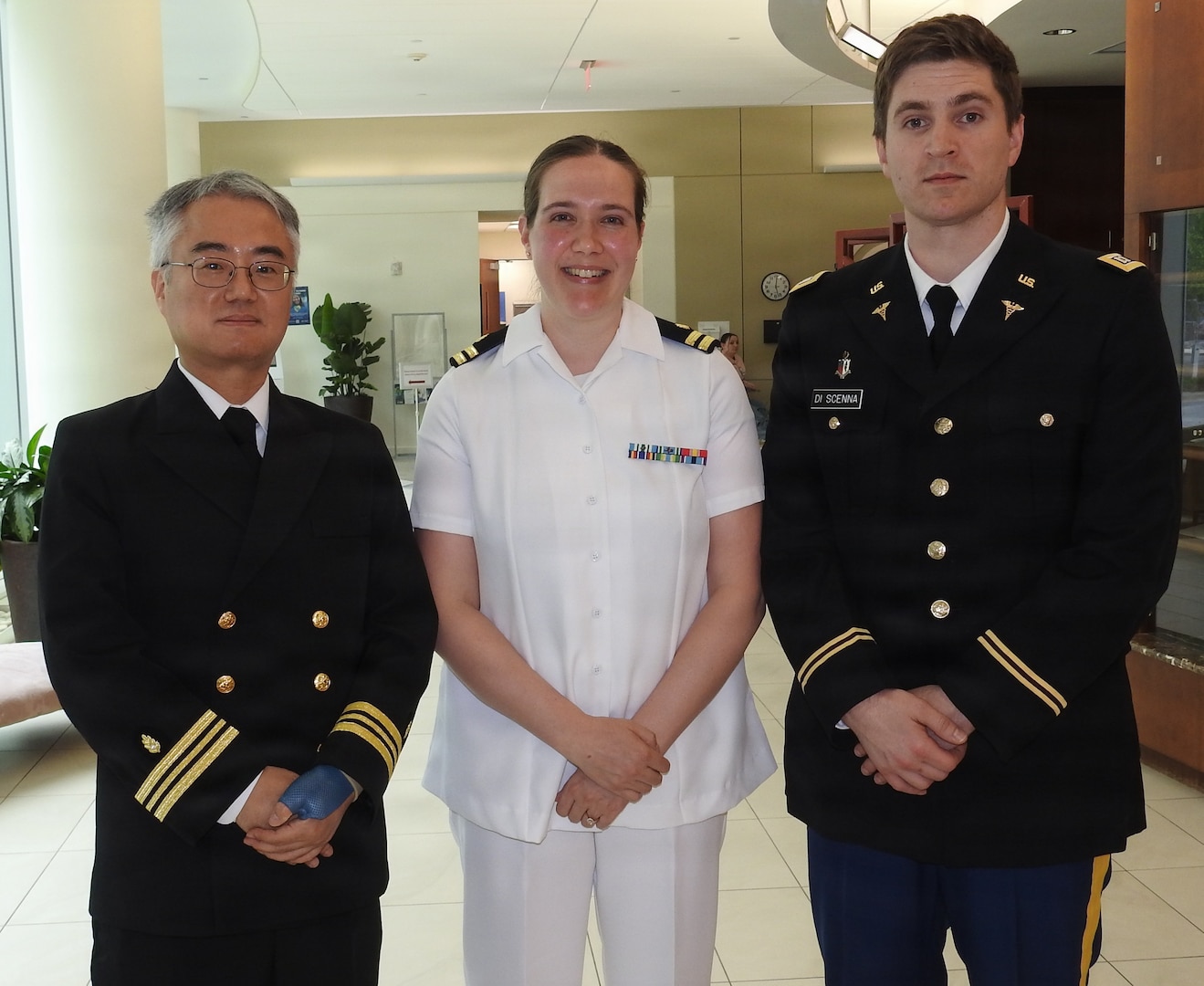 Fellows and staff members who presented their case studies during Walter Reed’s Department of Research’s 18th Annual Research and Innovation Month case report poster/presentation program included (from left) U.S. Navy Lt. Cmdr. (Dr.) Whoon Jong Kil, U.S. Navy Lt. Cmdr. (Dr.) Kathryn Flynn and U.S. Army Capt. (Dr.) Alexander Di Scenna.