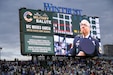 Sgt. 1st Class Moises Garcia, 85th U.S. Army Reserve Support Command, appears on the Wrigley Field jumbotron during a military salute at the Chicago Cubs home game, May 5, 2026, at Wrigley Field. Garcia was honored for his 31 years of service, including five overseas deployments.