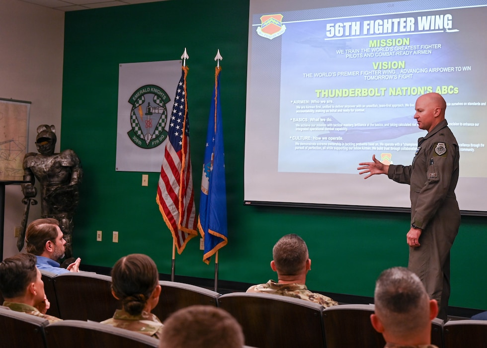 U.S. Air Force Brig. Gen. David Berkland, 56th Fighter Wing commander, briefs Sen. Ruben Gallego and his staff during a mission overview at Luke Air Force Base, Arizona, May 7, 2026. Visits with community and government leaders strengthen partnerships and demonstrate Luke AFB’s role in delivering disciplined and integrated combat-ready airpower in the global theater. (U.S. Air Force photo by Airman 1st Class Rebecca Wagner)