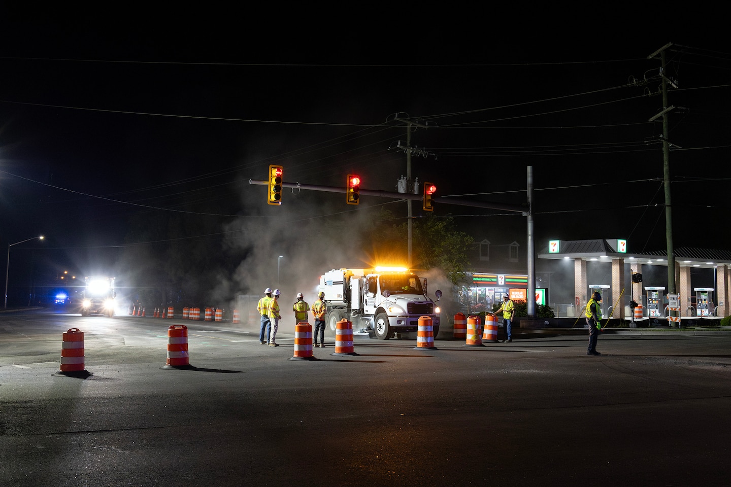Crews conduct overnight operations at the Deep Creek Bridge Replacement Project site in Chesapeake, Virginia.