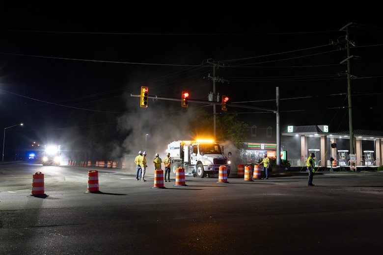 Crews conduct overnight operations at the Deep Creek Bridge Replacement Project site in Chesapeake, Virginia.
