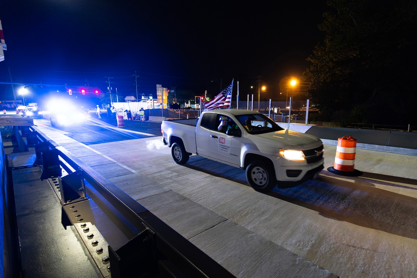 Crews conduct overnight operations at the Deep Creek Bridge Replacement Project site in Chesapeake, Virginia.