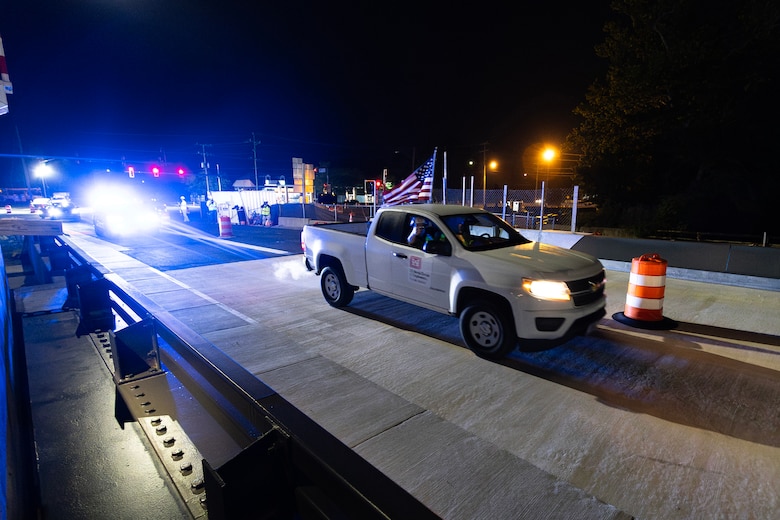 Crews conduct overnight operations at the Deep Creek Bridge Replacement Project site in Chesapeake, Virginia.