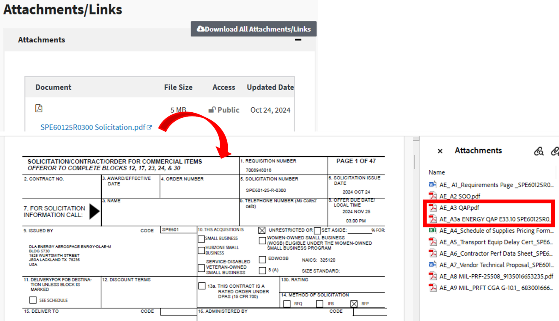 Sometimes embedded within DLA Energy Aerospace Solicitations are attachments needing to be reviewed by Suppliers before submitting offers. As highlighted in the image, Quality Assurance Provisions (QAPs) outline the QA standards Suppliers must adhere to when working with DLA Energy.