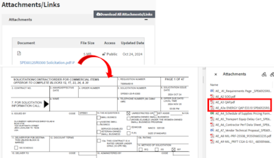Sometimes embedded within DLA Energy Aerospace Solicitations are attachments needing to be reviewed by Suppliers before submitting offers. As highlighted in the image, Quality Assurance Provisions (QAPs) outline the QA standards Suppliers must adhere to when working with DLA Energy.