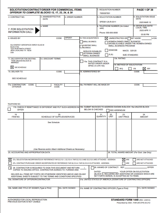 Example DLA Energy Aerospace SF1449 Solicitation/Contract/Order for Commercial Products and Commercial Services Form