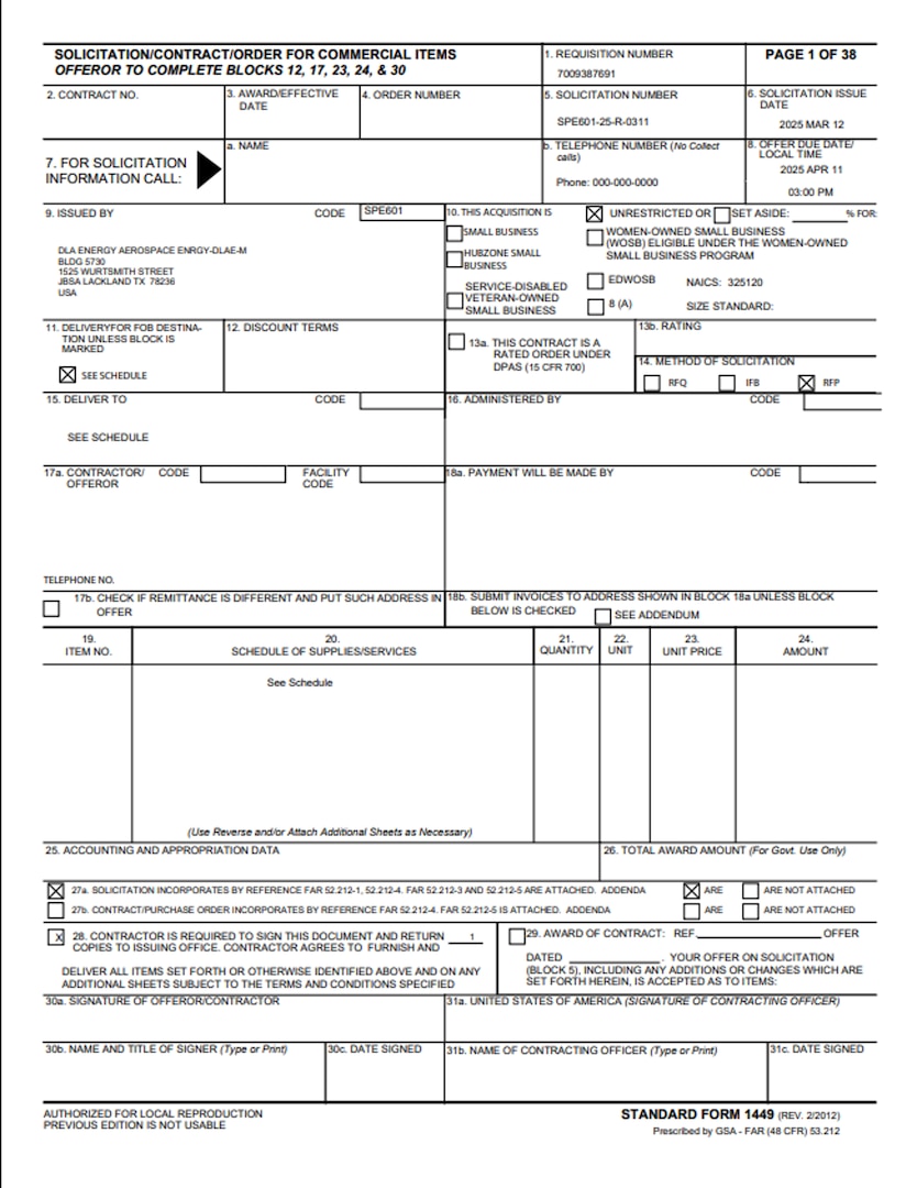 Example DLA Energy Aerospace SF1449 Solicitation/Contract/Order for Commercial Products and Commercial Services Form